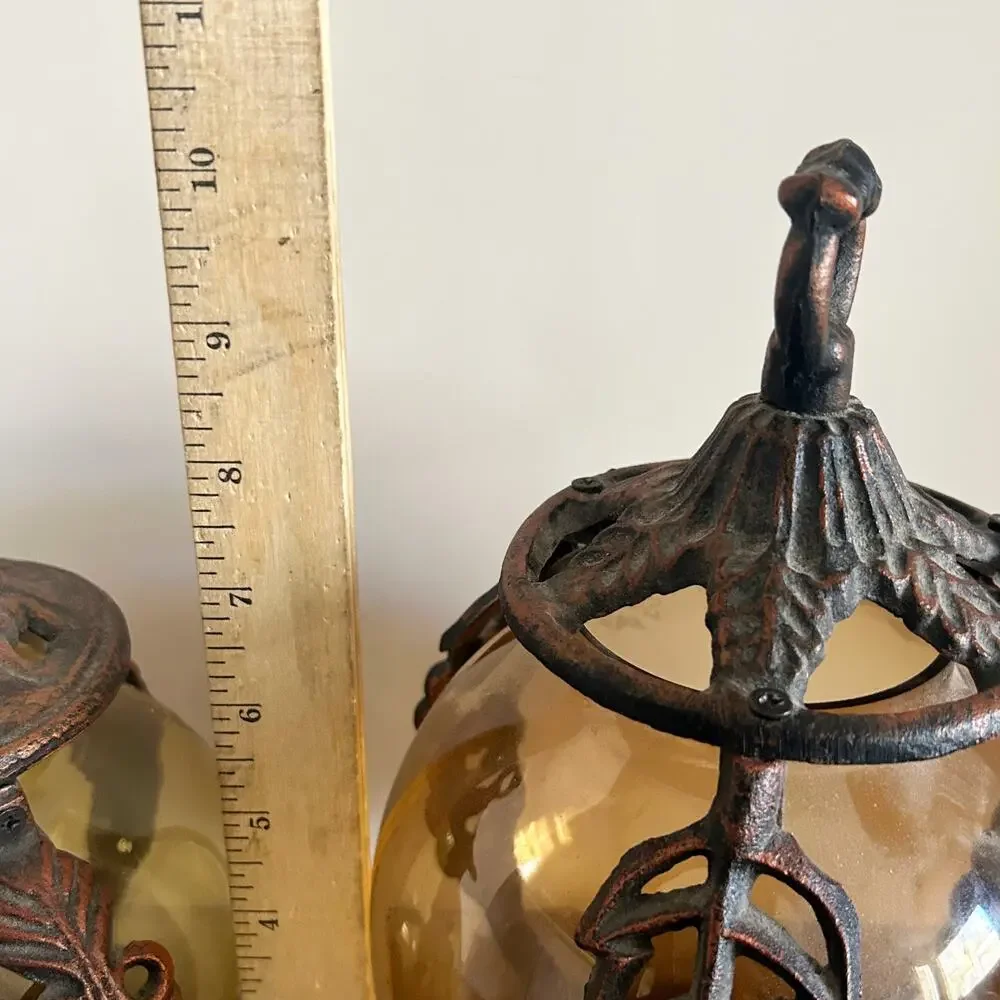 Vintage Pair Spanish Revival Wrought Iron Amber Glass Round Tea Candle Lanterns
